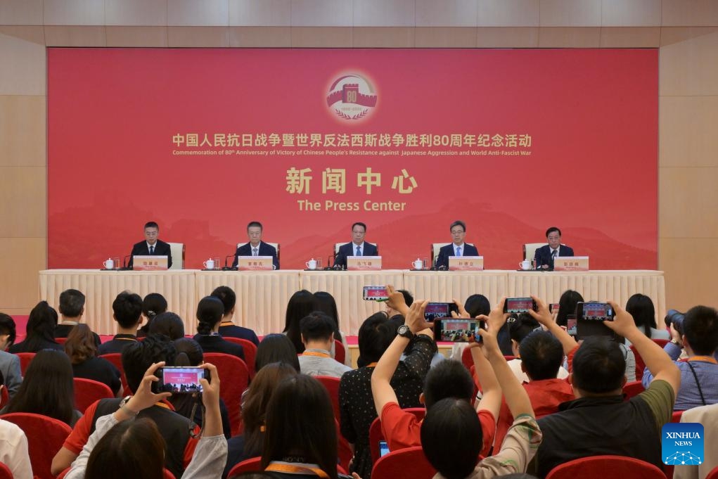 The press center of Commemoration of 80th Anniversary of Victory in Chinese People's Resistance against Japanese Aggression and World Anti-Fascist War holds a press conference in Beijing, capital of China, Aug. 31, 2025. Ma Feixiong, vice minister of the Ministry of Veterans Affairs, and Sun Deli, deputy head of the National Cultural Heritage Administration, introduced newly designated memorial facilities and historical sites related to the War of Resistance, and a new list of heroes from the war at the press conference. (Photo: Xinhua)