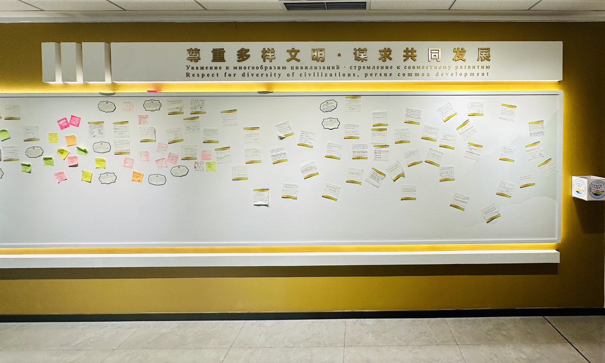 A view of the Student Message Wall in the corridor of the teaching building of the China-SCO Institute of Economy and Trade, which is covered with messages that reflect students' feelings about study experience, friendship, and expectations for SCO cooperation. Photo: Lin Xiaoyi/GT