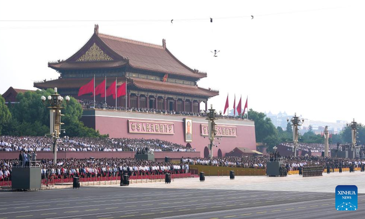 A grand gathering to commemorate the 80th anniversary of the victory in the Chinese People's War of Resistance against Japanese Aggression and the World Anti-Fascist War is held at Tian'anmen Square in Beijing, capital of China, Sept. 3, 2025. (Xinhua/Wang Jianhua)
