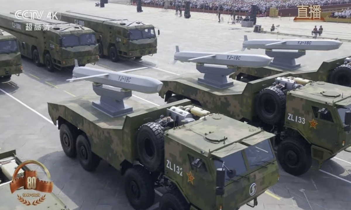 YJ-18C cruise missile is reviewed at China's V-Day military parade on September 3, 2025. Photo: CCTV News