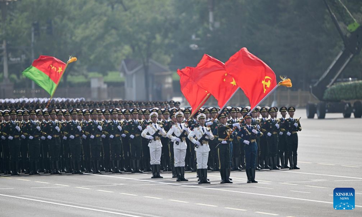 The People's Liberation Army (PLA) Guards of Honor formation attends a parade during a grand gathering to mark the 80th anniversary of the victory in the Chinese People's War of Resistance against Japanese Aggression and the World Anti-Fascist War in Beijing, capital of China, Sept. 3, 2025. (Xinhua/Xin Yuewei)