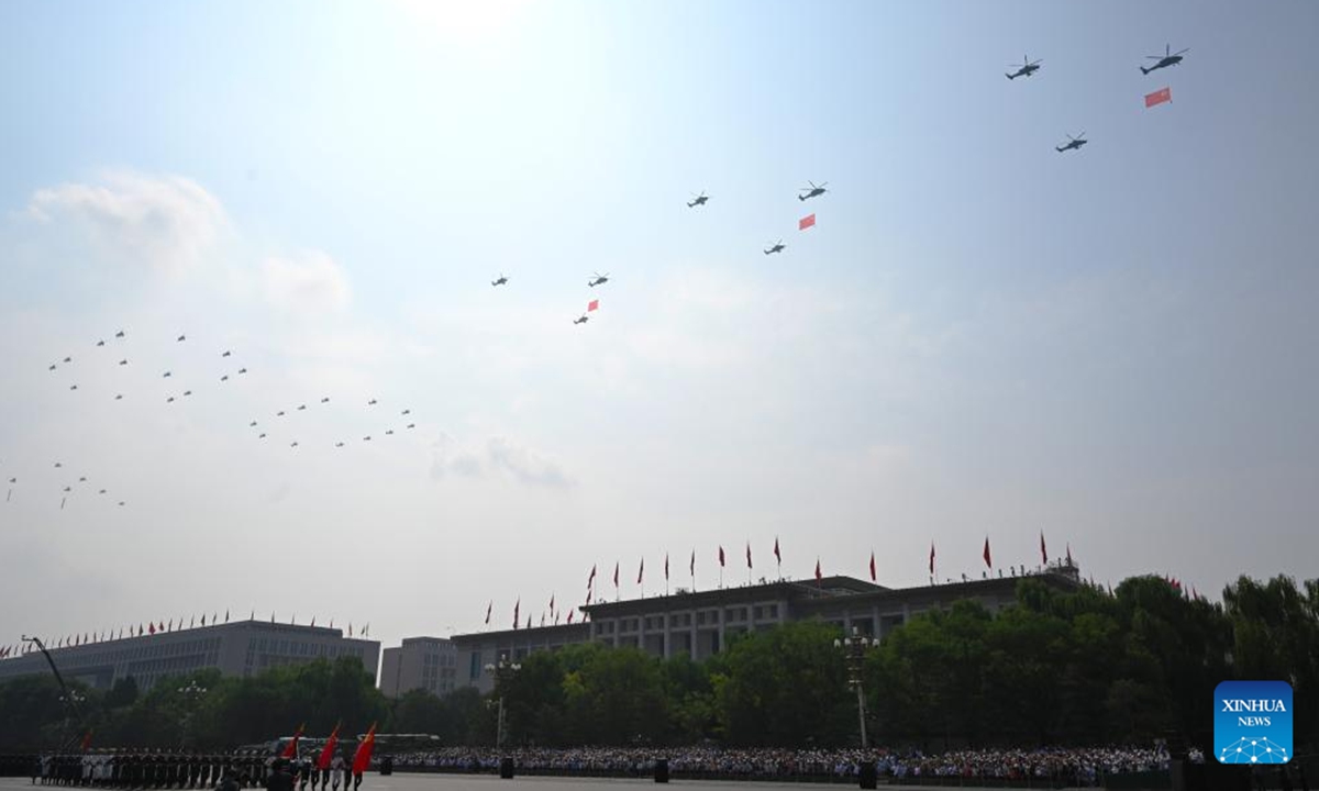 The flag-guarding air echelon flies over Tian'anmen Square during a grand gathering to commemorate the 80th anniversary of the victory in the Chinese People's War of Resistance against Japanese Aggression and the World Anti-Fascist War in Beijing, capital of China, Sept. 3, 2025. (Xinhua/Yang Guanyu)