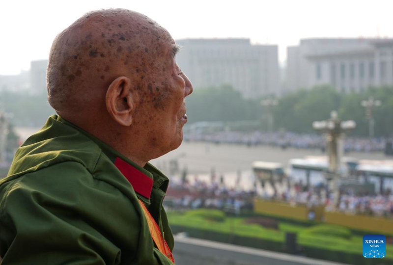 A veteran is pictured at Tian'anmen Rostrum ahead of a military parade in Beijing, capital of China, Sept. 3, 2025. China on Wednesday held a grand gathering to commemorate the 80th anniversary of the victory in the Chinese People's War of Resistance against Japanese Aggression and the World Anti-Fascist War. (Xinhua/Cai Yang)