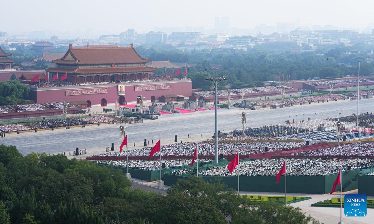 A grand gathering to commemorate the 80th anniversary of the victory in the Chinese People's War of Resistance against Japanese Aggression and the World Anti-Fascist War starts at Tian'anmen Square in Beijing, capital of China, Sept. 3, 2025. (Xinhua/Zhu Zheng)