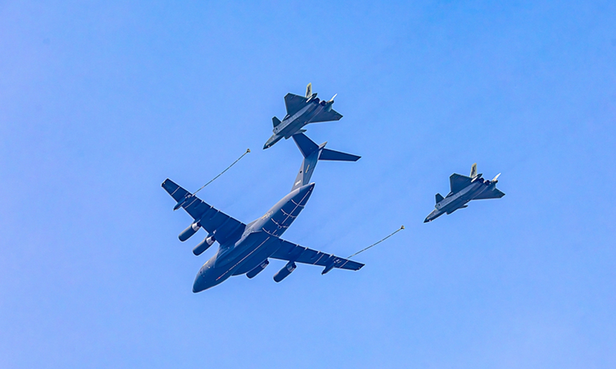 An aerial refueling aircraft formation undergoes inspection at the ceremony to commemorate the 80th anniversary of the victory in the Chinese People's War of Resistance against Japanese Aggression and the World Anti-Fascist War held in Beijing, on September 3, 2025. Photo: VCG