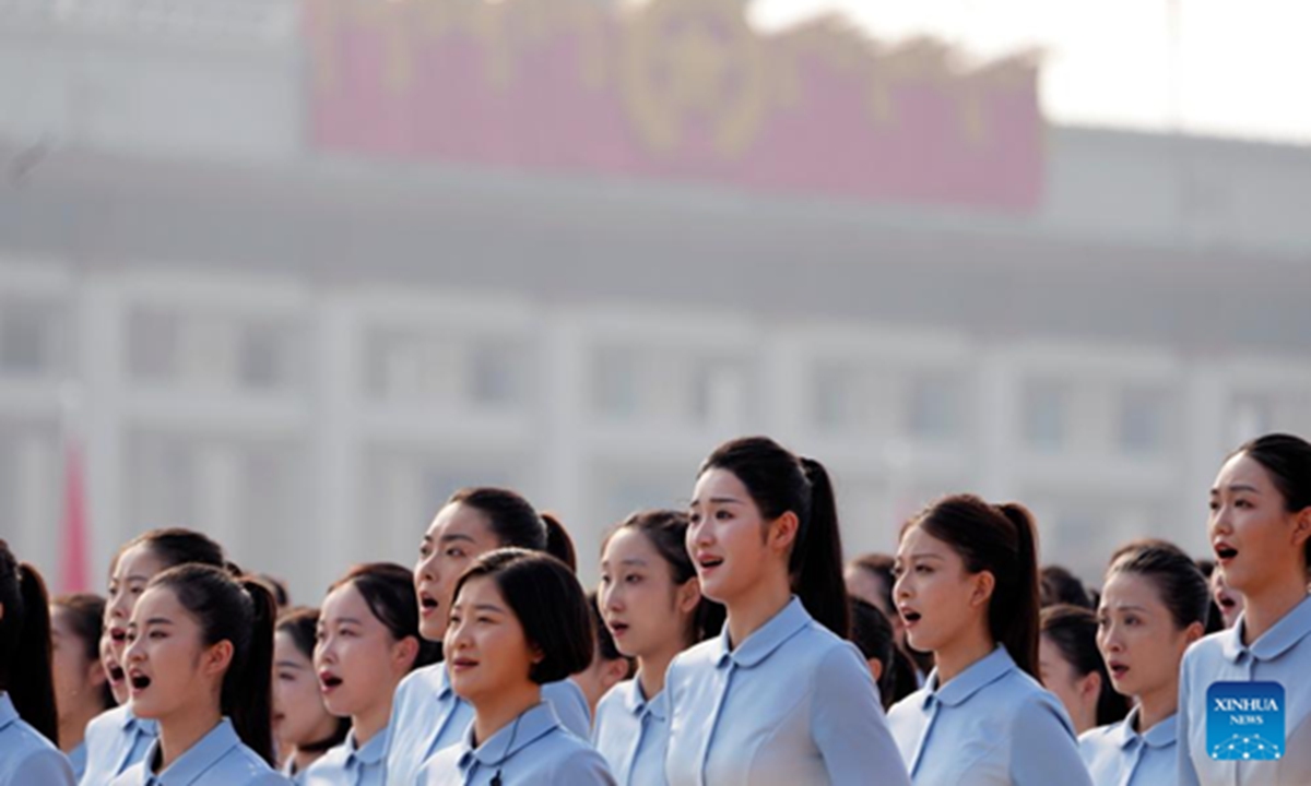 Members of a chorus perform during a grand gathering to commemorate the 80th anniversary of the victory in the Chinese People's War of Resistance against Japanese Aggression and the World Anti-Fascist War in Beijing, capital of China, on September 3, 2025. Photo: Xinhua