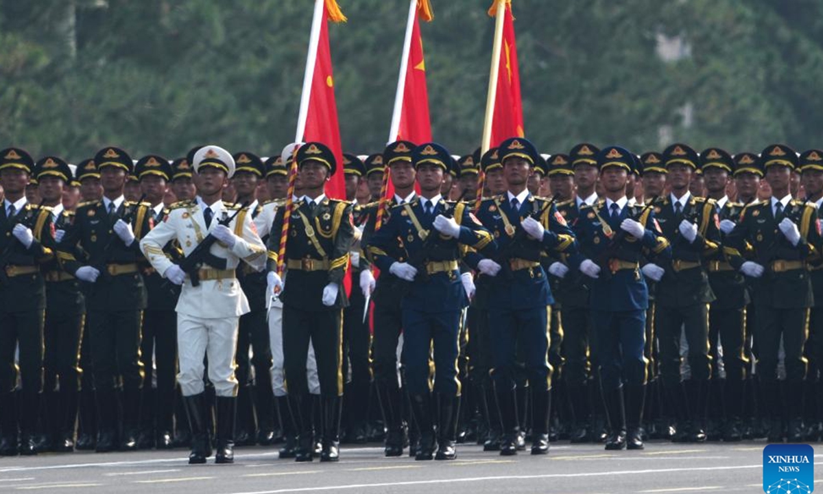 The People's Liberation Army (PLA) Guards of Honor formation attends a parade during a grand gathering to mark the 80th anniversary of the victory in the Chinese People's War of Resistance against Japanese Aggression and the World Anti-Fascist War in Beijing, capital of China, Sept. 3, 2025. (Xinhua/Wu Gang)