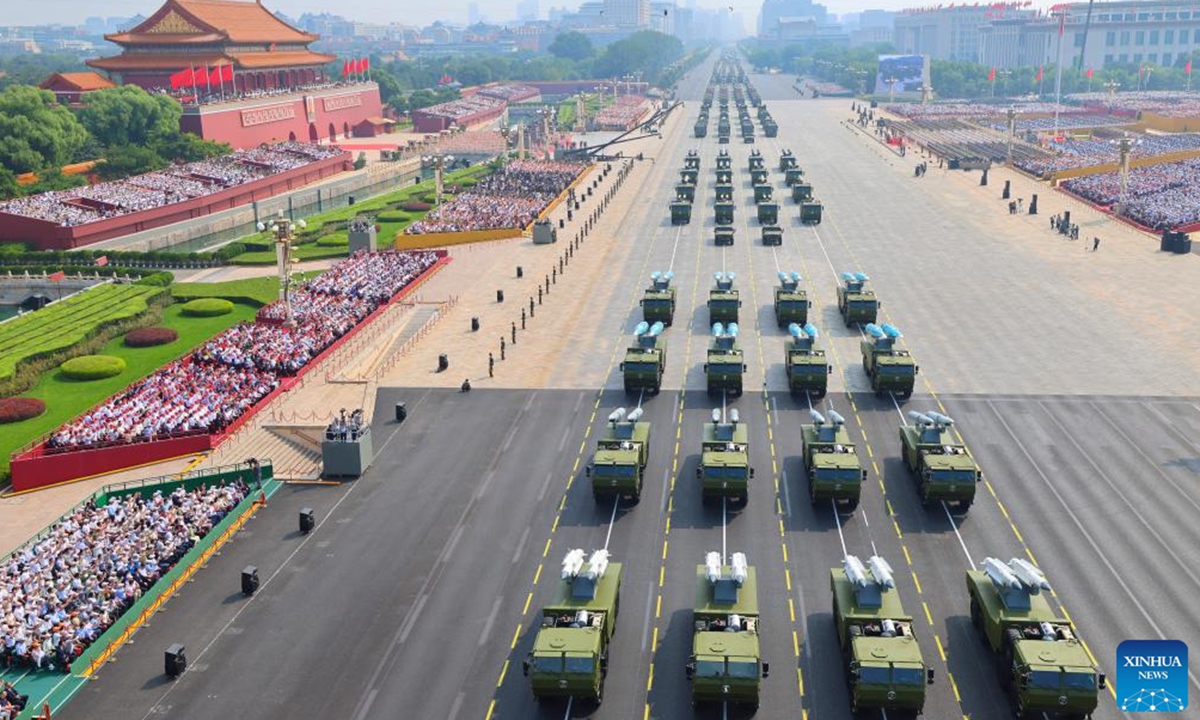 Armament formations attend a parade in Beijing, capital of China, Sept. 3, 2025. China on Wednesday held a grand gathering to commemorate the 80th anniversary of the victory in the Chinese People's War of Resistance against Japanese Aggression and the World Anti-Fascist War. (Xinhua/Liu Xu)