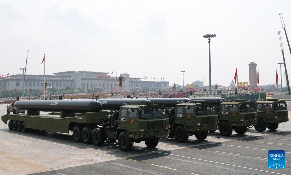 The sea-based unmanned warfare formation attends a parade in Beijing, capital of China, Sept. 3, 2025. China on Wednesday held a grand gathering to commemorate the 80th anniversary of the victory in the Chinese People's War of Resistance against Japanese Aggression and the World Anti-Fascist War. (Xinhua/Chen Cheng)