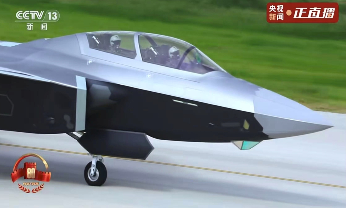 J-20S two-seat fighter jet is reviewed at China's V-Day military parade on September 3, 2025. Photo: Screenshot from CCTV News