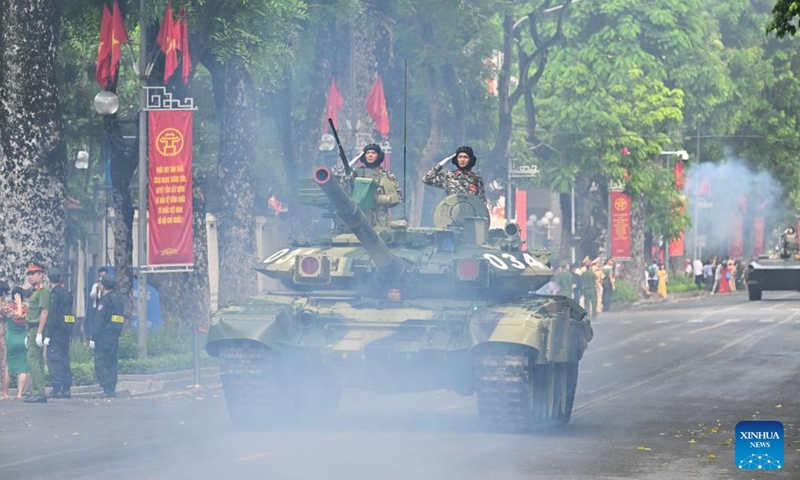 This photo taken on Sept. 2, 2025 shows a scene during the celebration for the 80th anniversary of the August Revolution and National Day at Ba Dinh Square in Hanoi, Vietnam. Vietnam on Tuesday marked the 80th anniversary of the August Revolution and National Day with a grand military parade at Ba Dinh Square in the capital Hanoi, Vietnam News Agency reported. The celebration began with a 21-gun salute, followed by a military parade featuring formations of the armed forces and police, accompanied by large-scale displays of military vehicles, artillery, and weapons. (Photo: Xinhua)