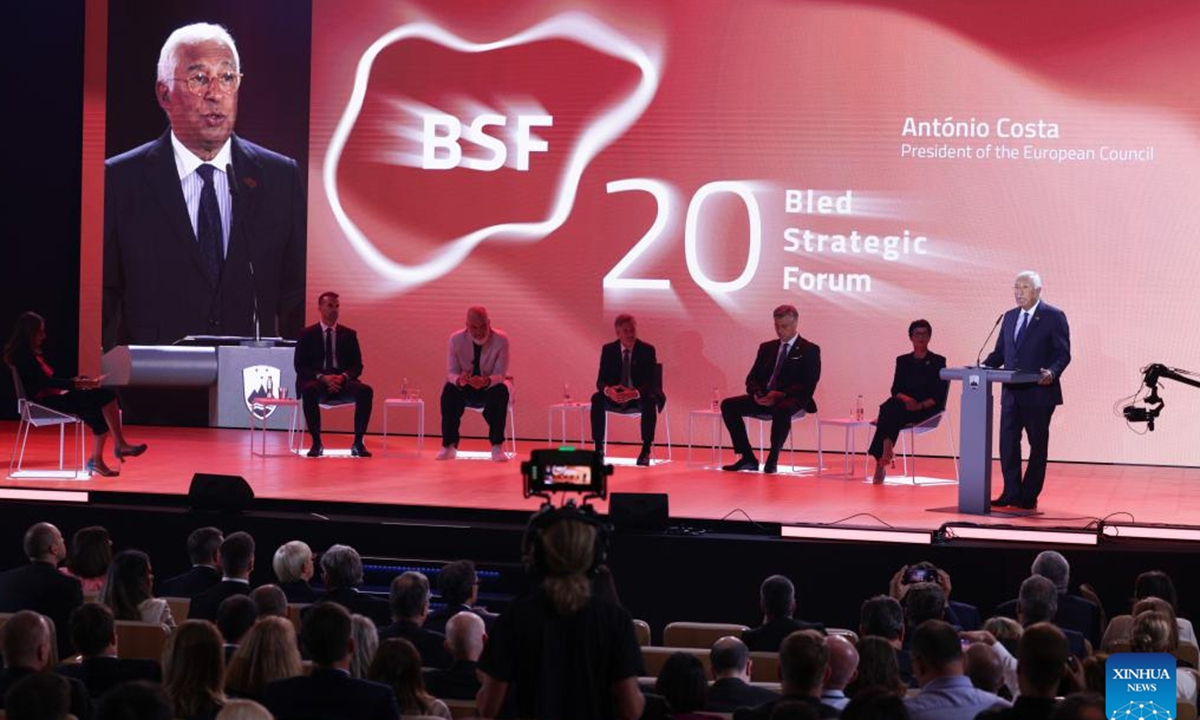 European Council President Antonio Costa (1st R) gives a keynote address during the opening session of the Bled Strategic Forum in Bled, Slovenia, Sept. 1, 2025. This year marks the 20th edition of the Bled Strategic Forum, held under the theme A Runaway World. European Council President Antonio Costa, Slovenian President Natasa Pirc Musar and Slovenian Foreign Minister Tanja Fajon on Monday urged peace in Gaza during the Bled Strategic Forum, Slovenia's most prominent foreign policy gathering. (Photo by Zeljko Stevanic/Xinhua)