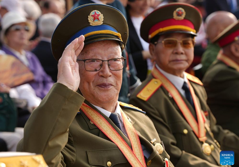 Veterans are pictured at Tian'anmen Rostrum ahead of a military parade in Beijing, capital of China, Sept. 3, 2025. China on Wednesday held a grand gathering to commemorate the 80th anniversary of the victory in the Chinese People's War of Resistance against Japanese Aggression and the World Anti-Fascist War. (Xinhua/Cai Yang)