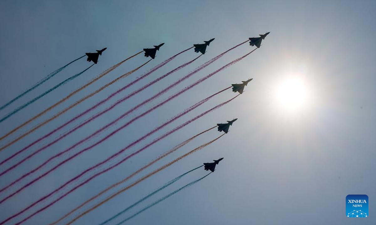 The trainer aircraft echelon flies over Tian'anmen Square during a military parade in Beijing, capital of China, Sept. 3, 2025. China on Wednesday held a grand gathering to commemorate the 80th anniversary of the victory in the Chinese People's War of Resistance against Japanese Aggression and the World Anti-Fascist War. (Xinhua/Li Bo)