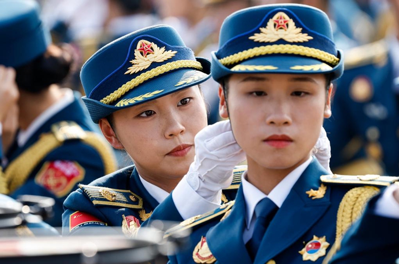 Members of the joint military band of the Chinese People's Liberation Army make preparations in Beijing, capital of China, Sept. 3, 2025. China on Wednesday held a grand gathering to commemorate the 80th anniversary of the victory in the Chinese People's War of Resistance against Japanese Aggression and the World Anti-Fascist War. (Xinhua/Zhang Yuwei)
