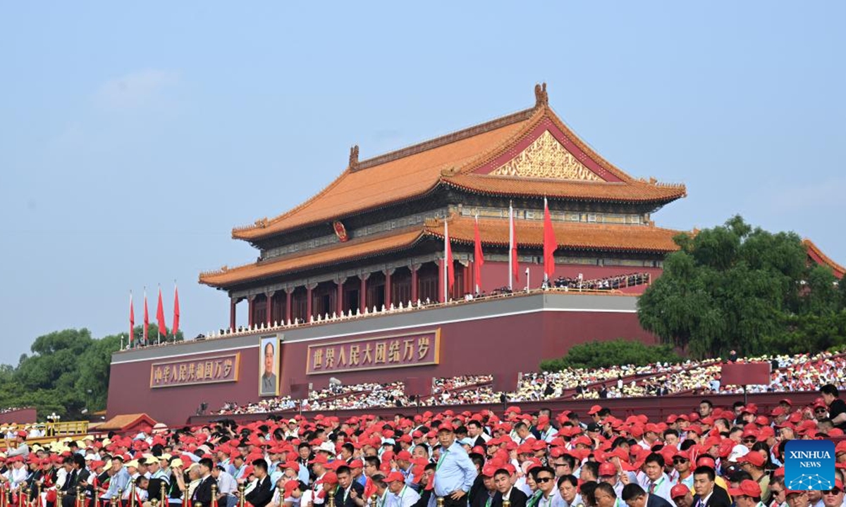 Guests are pictured in Beijing, capital of China, Sept. 3, 2025. A grand gathering to mark the 80th anniversary of the victory of the Chinese People's War of Resistance against Japanese Aggression and the World Anti-Fascist War, which includes a military parade, will be held on Sept. 3 at Tian'anmen Square in Beijing. (Xinhua/Yang Guanyu)