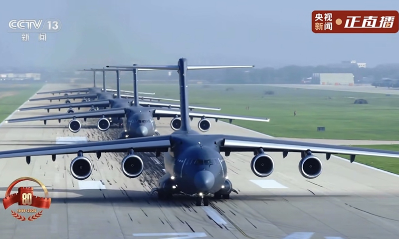 Y-20B transport aircraft is reviewed at China's V-Day military parade on September 3, 2025. Photo: CCTV News