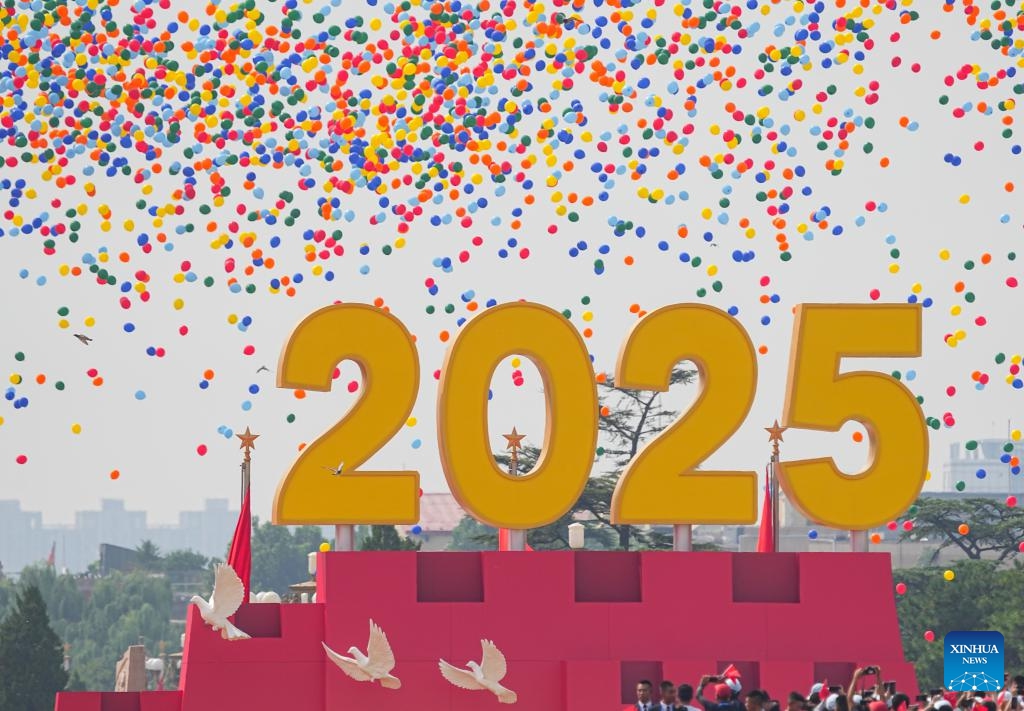 Balloons are released into the sky over Tian'anmen Square in Beijing, capital of China, Sept. 3, 2025. China on Wednesday held a grand gathering to commemorate the 80th anniversary of the victory in the Chinese People's War of Resistance against Japanese Aggression and the World Anti-Fascist War. (Xinhua/Xing Guangli)