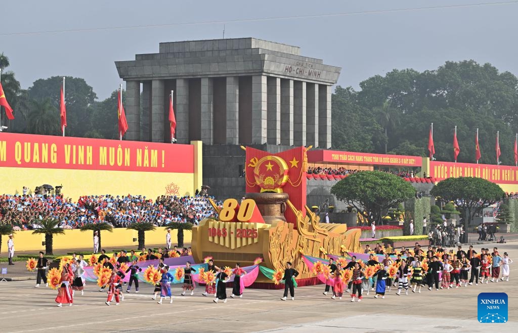 This photo taken on Sept. 2, 2025 shows a scene during the celebration for the 80th anniversary of the August Revolution and National Day at Ba Dinh Square in Hanoi, Vietnam. Vietnam on Tuesday marked the 80th anniversary of the August Revolution and National Day with a grand military parade at Ba Dinh Square in the capital Hanoi, Vietnam News Agency reported. The celebration began with a 21-gun salute, followed by a military parade featuring formations of the armed forces and police, accompanied by large-scale displays of military vehicles, artillery, and weapons. (Photo: Xinhua)