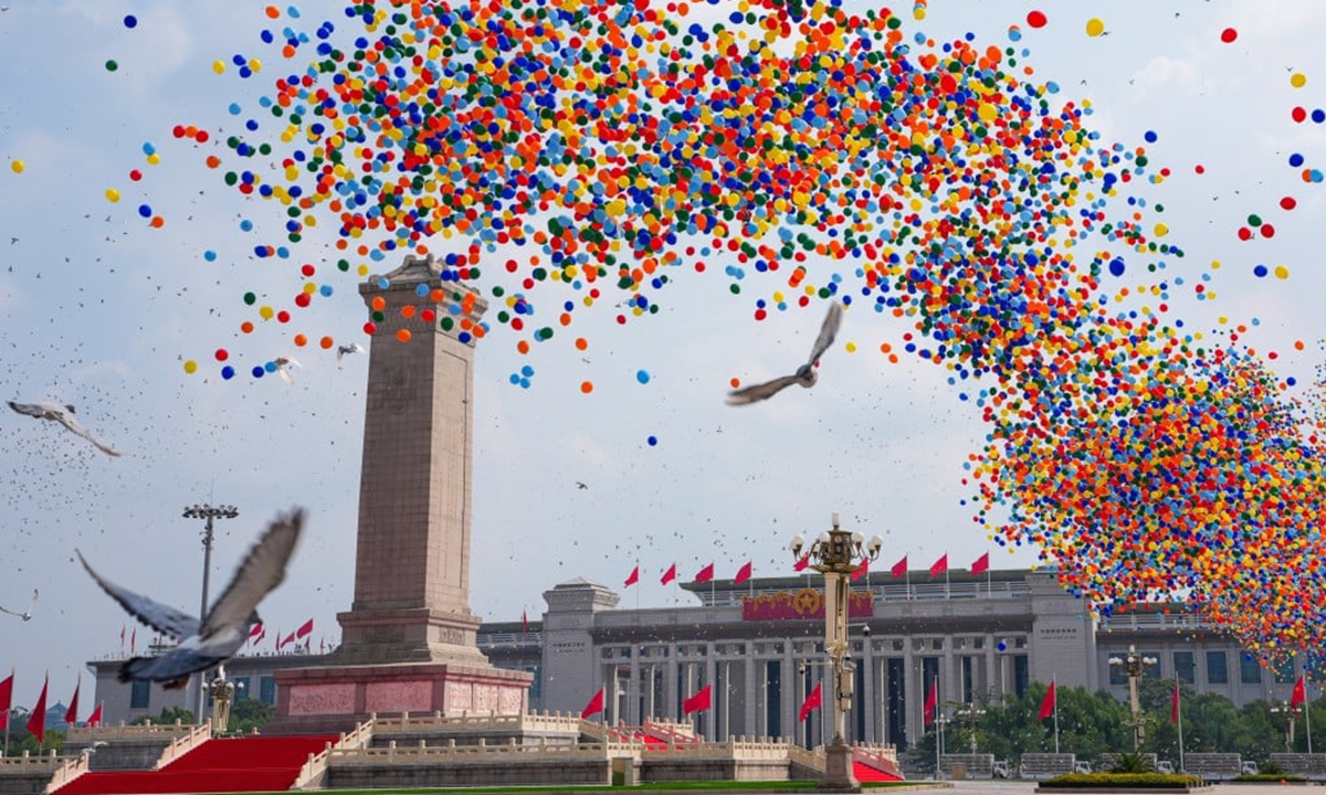 Balloons and pigeons are released into the sky over Tian'anmen Square in Beijing, capital of China, Sept. 3, 2025. China on Wednesday held a grand gathering to commemorate the 80th anniversary of the victory in the Chinese People's War of Resistance against Japanese Aggression and the World Anti-Fascist War. Photo: Xinhua