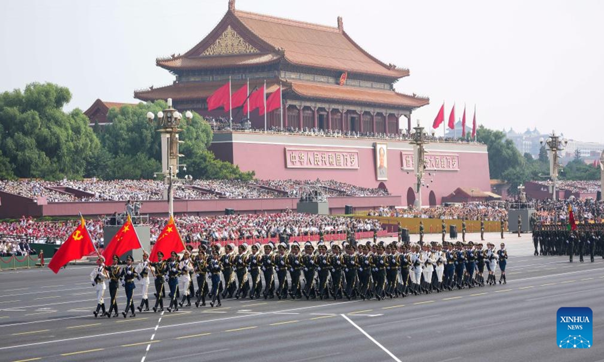 The guard of honor of the Chinese People's Liberation Army (PLA) attends a parade in Beijing, capital of China, Sept. 3, 2025. China on Wednesday held a grand gathering to commemorate the 80th anniversary of the victory in the Chinese People's War of Resistance against Japanese Aggression and the World Anti-Fascist War. (Xinhua/Wang Jianhua)