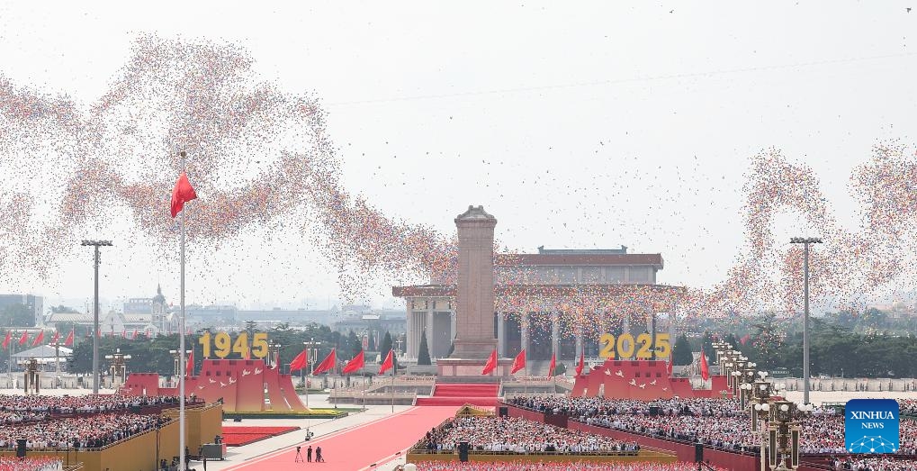 Balloons and pigeons are released into the sky over Tian'anmen Square in Beijing, capital of China, Sept. 3, 2025. China on Wednesday held a grand gathering to commemorate the 80th anniversary of the victory in the Chinese People's War of Resistance against Japanese Aggression and the World Anti-Fascist War. (Xinhua/Yao Dawei)