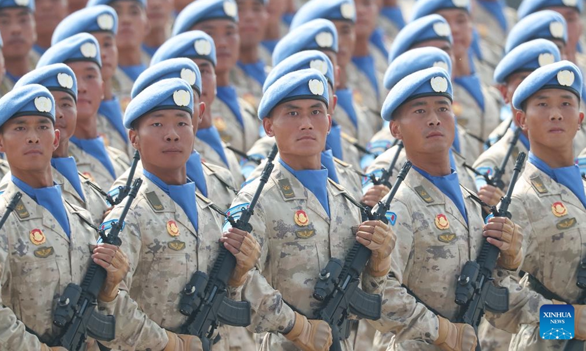 Chinese UN peacekeepers march through Tian'anmen Square during a military parade in Beijing, capital of China, Sept. 3, 2025. China on Wednesday held a grand gathering to commemorate the 80th anniversary of the victory in the Chinese People's War of Resistance against Japanese Aggression and the World Anti-Fascist War. (Xinhua/Liu Dawei)