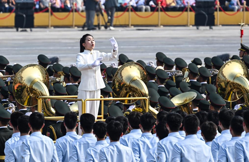 Members of a chorus perform ahead of a grand gathering to commemorate the 80th anniversary of the victory in the Chinese People's War of Resistance against Japanese Aggression and the World Anti-Fascist War in Beijing, capital of China, Sept. 3, 2025. (Xinhua/Li An)