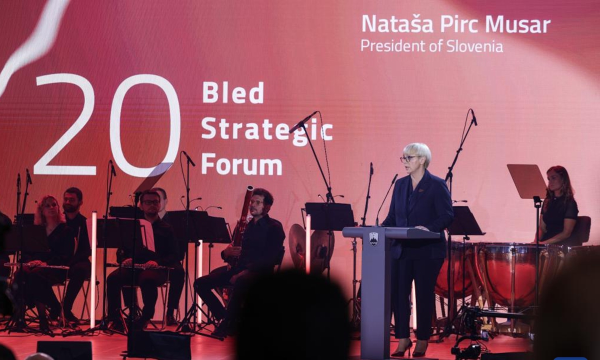 Slovenian President Natasa Pirc Musar (2nd R) addresses the opening session of the Bled Strategic Forum in Bled, Slovenia, Sept. 1, 2025. This year marks the 20th edition of the Bled Strategic Forum, held under the theme A Runaway World. European Council President Antonio Costa, Slovenian President Natasa Pirc Musar and Slovenian Foreign Minister Tanja Fajon on Monday urged peace in Gaza during the Bled Strategic Forum, Slovenia's most prominent foreign policy gathering. (Photo by Zeljko Stevanic/Xinhua)