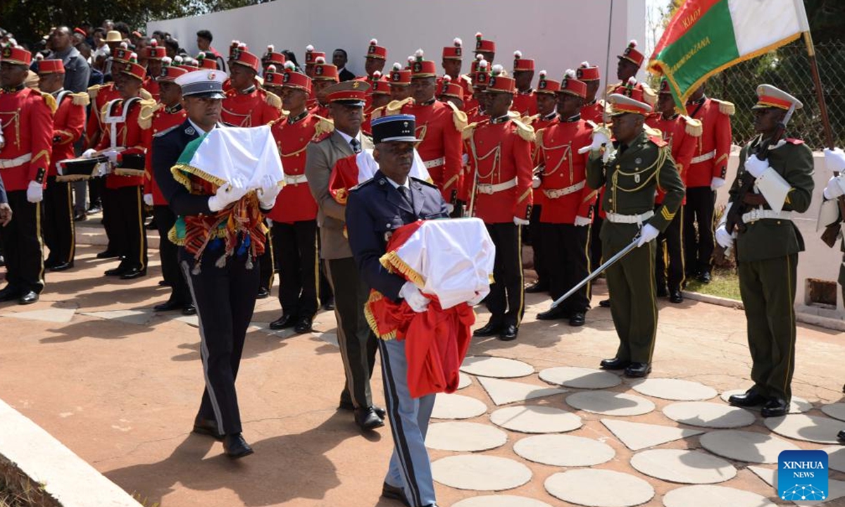 Caskets containing skulls of the Sakalava ethnic group are carried to a ceremony welcoming the colonial-era relics returned by France in Antananarivo, the capital of Madagascar, Sept. 2, 2025. An official ceremony was held on Tuesday in Antananarivo, the capital of Madagascar, to welcome the colonial-era relics returned by France. Three skulls of the Sakalava ethnic group, one of which is believed to belong to King Toera and the other two to his warriors, were returned to Madagascar after 128 years in France. (Photo by Sitraka Rajaonarison/Xinhua)