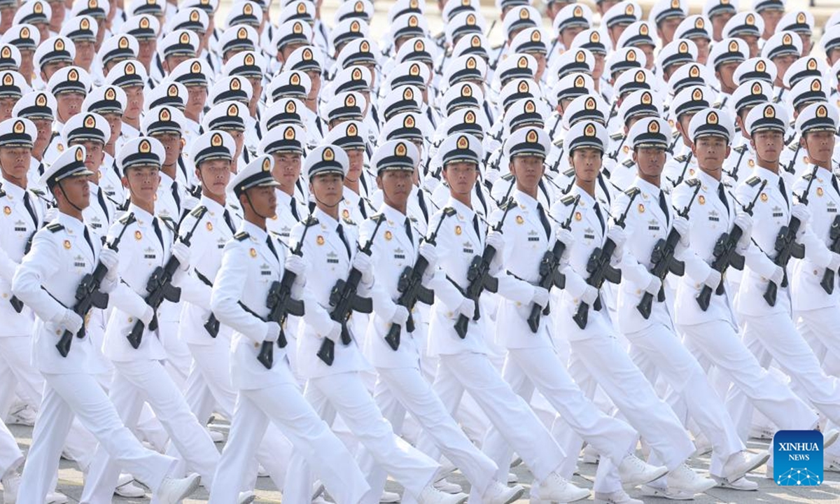 The formation of the Chinese People's Liberation Army Navy marches through Tian'anmen Square during a military parade in Beijing, capital of China, Sept. 3, 2025. China on Wednesday held a grand gathering to commemorate the 80th anniversary of the victory in the Chinese People's War of Resistance against Japanese Aggression and the World Anti-Fascist War. (Xinhua/Chen Bin)