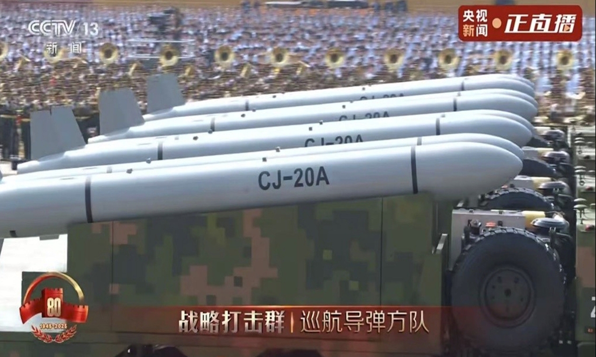 CJ-20A cruise missile is reviewed at China's V-Day military parade on September 3, 2025. Photo: CCTV News
