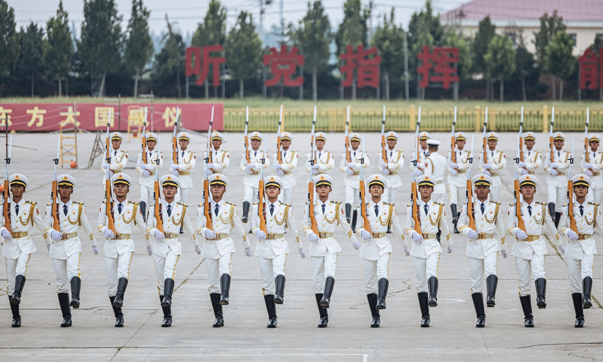 Honor guards practice at a training site in Beijing on August 18, 2025, ahead of the military parade marking the 80th anniversary of the victory in the Chinese People's War of Resistance Against Japanese Aggression and the World Anti-Fascist War. Photo: Li Hao/GT