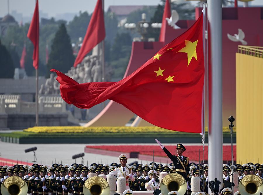 A national flag-raising ceremony is held at Tian'anmen Square during a grand gathering to commemorate the 80th anniversary of the victory in the Chinese People's War of Resistance against Japanese Aggression and the World Anti-Fascist War in Beijing on September 3, 2025. Photo: Xinhua