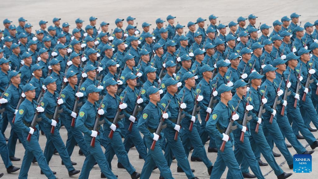Vietnamese soldiers participate in a military parade marking the 80th anniversary of the August Revolution and National Day at Ba Dinh Square in Hanoi, Vietnam, Sept. 2, 2025. Vietnam on Tuesday marked the 80th anniversary of the August Revolution and National Day with a grand military parade at Ba Dinh Square in the capital Hanoi, Vietnam News Agency reported. The celebration began with a 21-gun salute, followed by a military parade featuring formations of the armed forces and police, accompanied by large-scale displays of military vehicles, artillery, and weapons. (Photo: Xinhua)