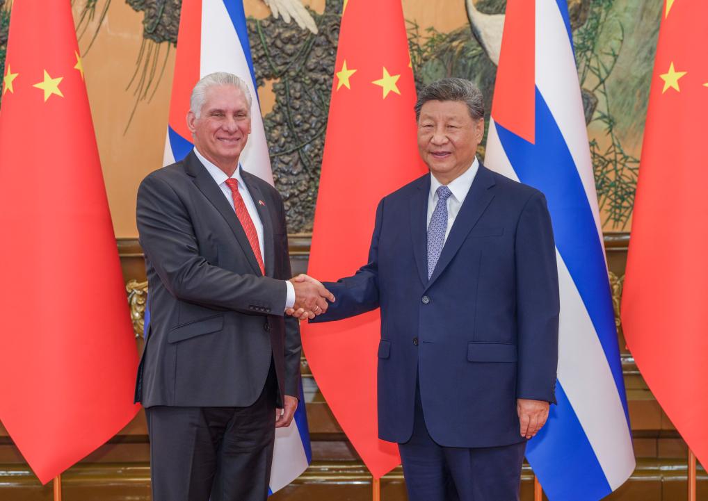 Xi Jinping, general secretary of the Communist Party of China Central Committee and Chinese president, meets with Miguel Diaz-Canel, first secretary of the Central Committee of the Communist Party of Cuba and Cuban president, at the Great Hall of the People in Beijing, capital of China, Sept. 4, 2025. Diaz-Canel is in China for the commemorations marking the 80th anniversary of the victory in the Chinese People's War of Resistance against Japanese Aggression and the World Anti-Fascist War. (Xinhua/Ding Lin)