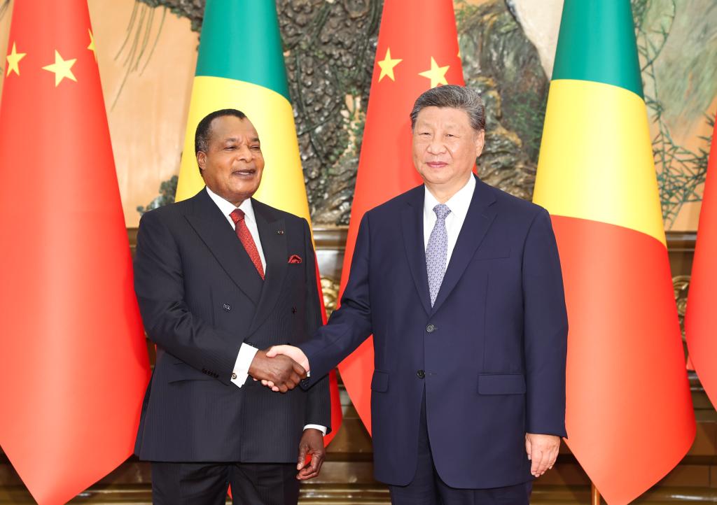 Chinese President Xi Jinping meets with President of the Republic of the Congo Denis Sassou Nguesso at the Great Hall of the People in Beijing, capital of China, Sept. 4, 2025. Sassou Nguesso is in China for commemorations marking the 80th anniversary of the victory in the Chinese People's War of Resistance against Japanese Aggression and the World Anti-Fascist War. (Xinhua/Huang Jingwen)
