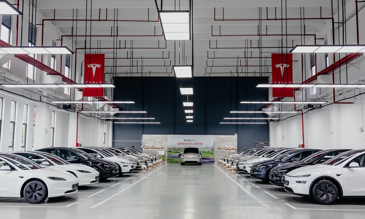 Tesla's electric vehicles park at a delivery center in Shanghai on September 2, 2025. Photo: Courtesy of Tesla China