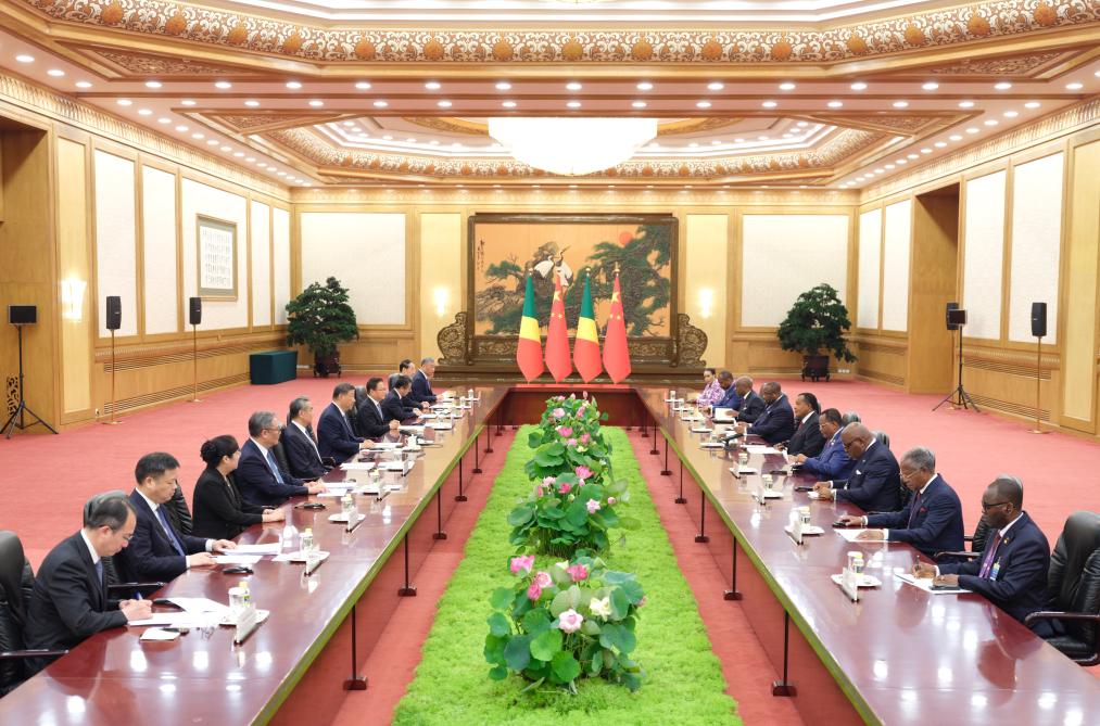 Chinese President Xi Jinping meets with President of the Republic of the Congo Denis Sassou Nguesso at the Great Hall of the People in Beijing, capital of China, Sept. 4, 2025. Sassou Nguesso is in China for commemorations marking the 80th anniversary of the victory in the Chinese People's War of Resistance against Japanese Aggression and the World Anti-Fascist War. (Xinhua/Ding Lin)