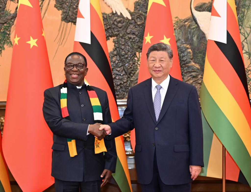Chinese President Xi Jinping meets with Zimbabwean President Emmerson Mnangagwa, who is in China for commemorations marking the 80th anniversary of the victory in the Chinese People's War of Resistance against Japanese Aggression and the World Anti-Fascist War, at the Great Hall of the People in Beijing, capital of China, Sept. 4, 2025. Xi and Mnangagwa announced here on Thursday upgrading the two countries' relations to an all-weather community with a shared future. (Xinhua/Li Xiang)