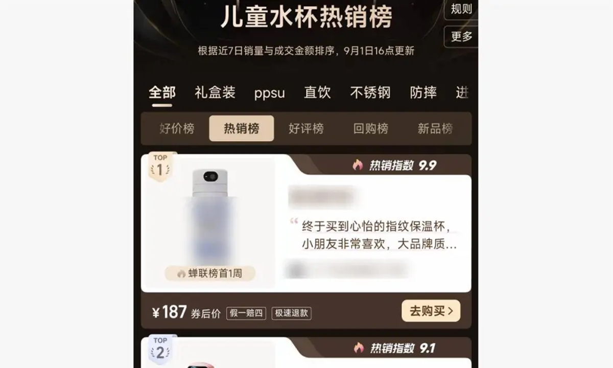 Bestselling list of children's water bottles on an e-commerce platform Photo: Screenshot from Jimu News