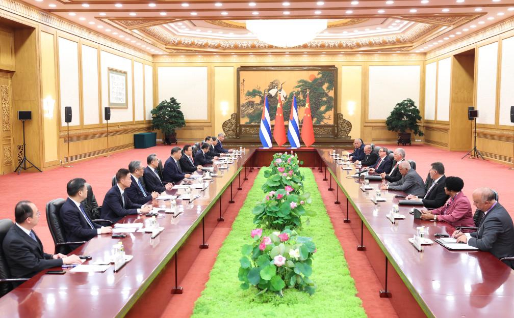 Xi Jinping, general secretary of the Communist Party of China Central Committee and Chinese president, meets with Miguel Diaz-Canel, first secretary of the Central Committee of the Communist Party of Cuba and Cuban president, at the Great Hall of the People in Beijing, capital of China, Sept. 4, 2025. Diaz-Canel is in China for the commemorations marking the 80th anniversary of the victory in the Chinese People's War of Resistance against Japanese Aggression and the World Anti-Fascist War. (Xinhua/Huang Jingwen)