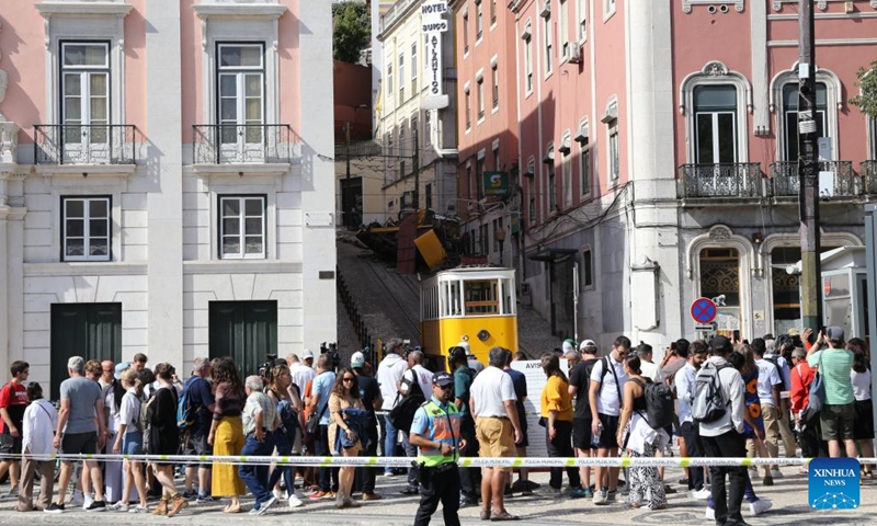 This photo taken on Sept. 4, 2025 shows the site of the funicular accident in Lisbon, Portugal. A historic funicular downtown, one of the Portuguese capital's most famous tourist attractions, derailed and crashed on Wednesday, leaving 17 people dead and 21 injured. Two of the injured died after being taken to the hospital, bringing the death toll to 17, the civil protection authority was cited by Lusa News Agency as saying. (Photo: Xinhua)