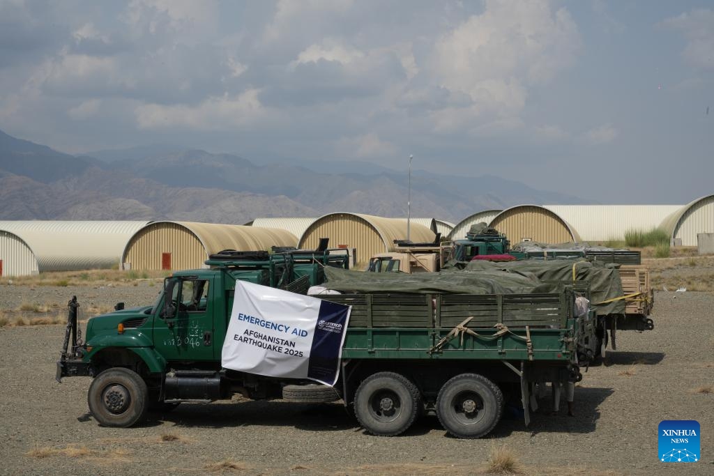 UN support vehicles are pictured at the earthquake relief supplies transfer center in Kunar province, Afghanistan, Sept. 3, 2025. The death toll from the powerful earthquake that struck eastern Afghanistan has climbed to 2,205, with 3,640 others injured, the Afghan Red Crescent Society reported Thursday. (Photo: Xinhua)