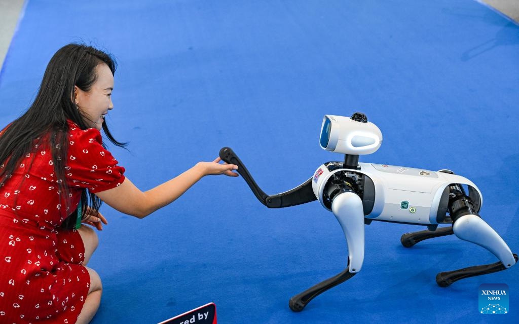 A guest interacts with a robot dog at the venue of the World Smart Industry Expo 2025 in southwest China's Chongqing, Sept. 4, 2025. The expo is scheduled for Sept. 5 to 8 in Chongqing to present cutting-edge achievements of the smart industry through professional exhibitions. (Photo: Xinhua)