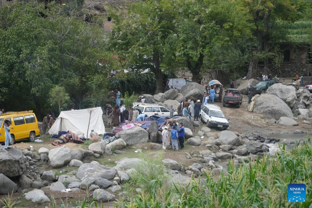 This photo taken on Sept. 3, 2025 shows a view of a makeshift post-earthquake shelter site in a valley of the Suki district in Kunar province, Afghanistan. The death toll from the powerful earthquake that struck eastern Afghanistan has climbed to 2,205, with 3,640 others injured, the Afghan Red Crescent Society reported Thursday. (Photo: Xinhua)