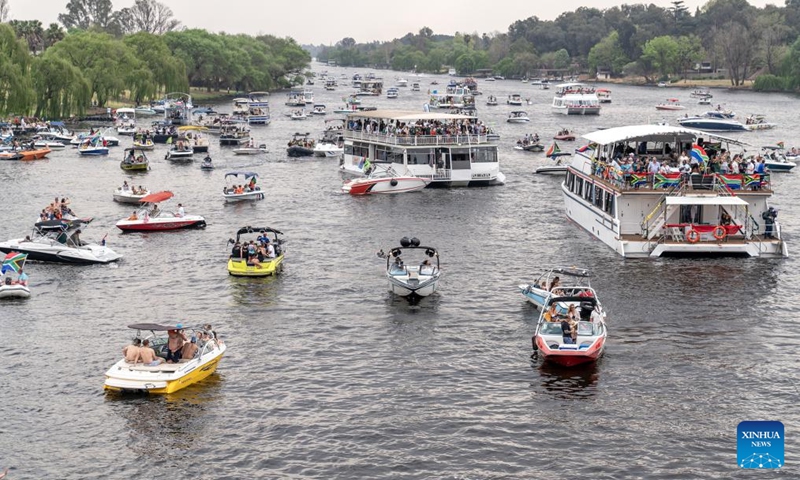 Boats cruise on the Vaal River in Vanderbijlpark, South Africa, Sept. 6, 2025. The summer boating season kicked off here on Saturday. Boating on the Vaal River is popular in South Africa. With the length of 1,458 kilometers, the Vaal is the third longest river in South Africa after the Orange and the Limpopo. (Photo: Xinhua)