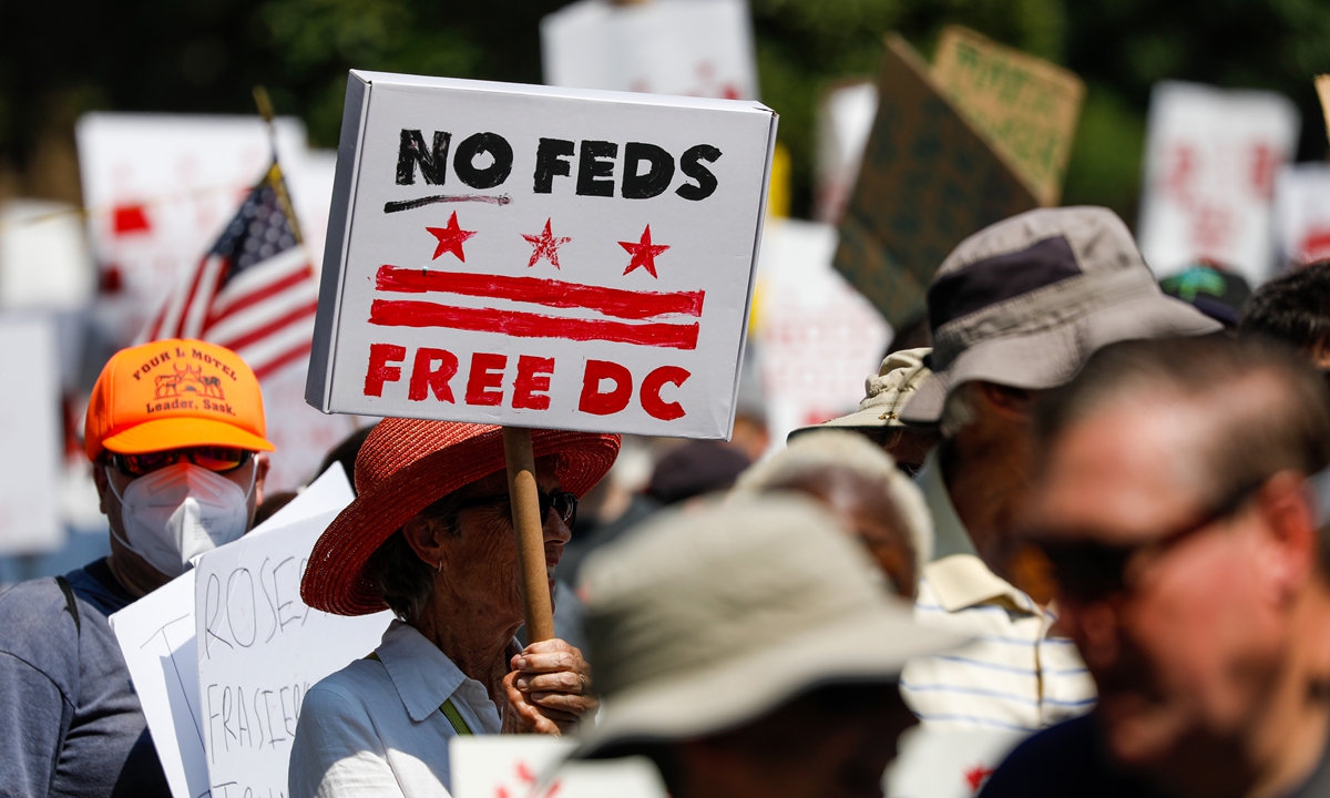 Protesters gather in Washington, DC, on Spetmebr 7, 2025 to raise their voices against the federal government's efforts to increase control over the city's police department. Photo: VCG