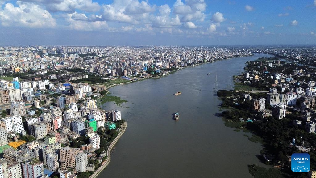 An aerial drone photo taken on Sept. 5, 2025 shows a city view along the Buriganga River in Dhaka, Bangladesh. (Photo: Xinhua)