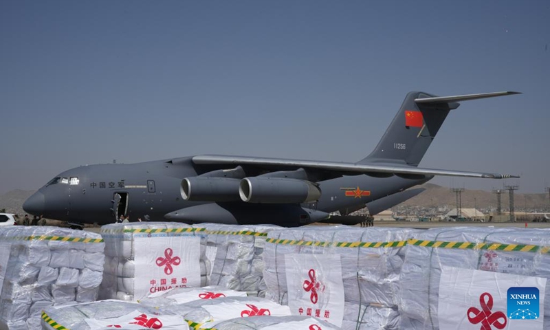 Emergency earthquake relief supplies provided by the Chinese government to Afghanistan are unloaded from a Y-20 aircraft of the Chinese People's Liberation Army Air Force at the Kabul airport in Kabul, Afghanistan, Sept. 7, 2025. (Photo: Xinhua)